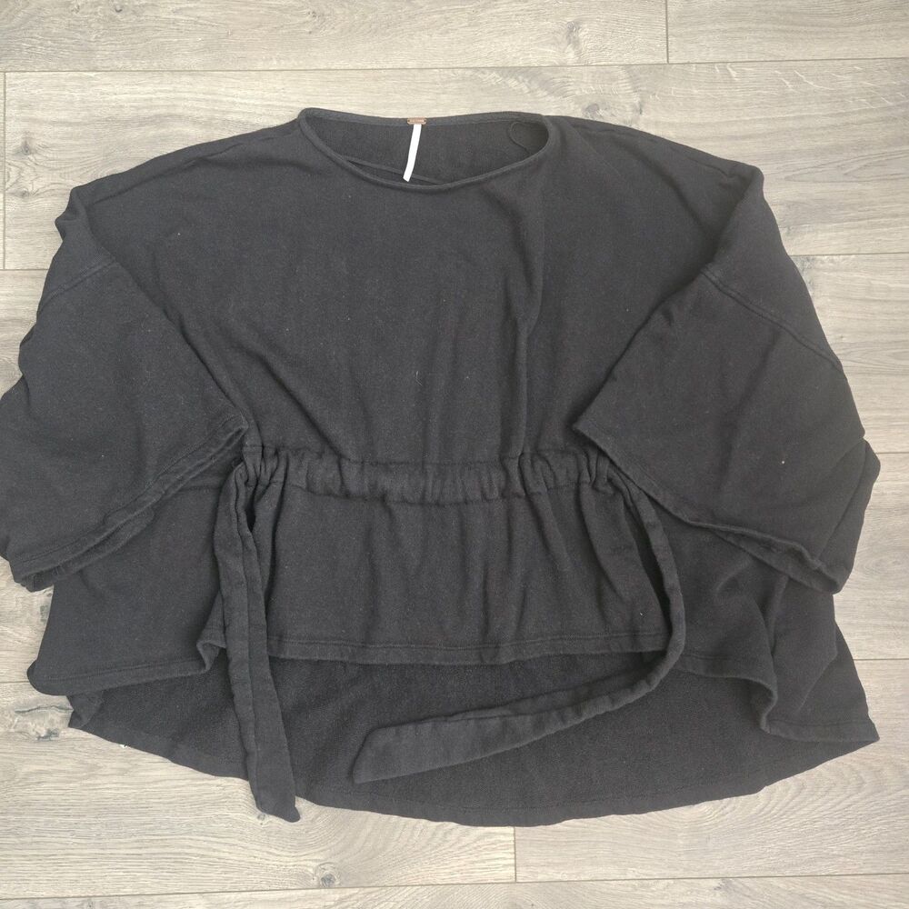 Free People Black Cotton Ruched Tie‑Waist Short Sleeve Top XS Boho Minimalist